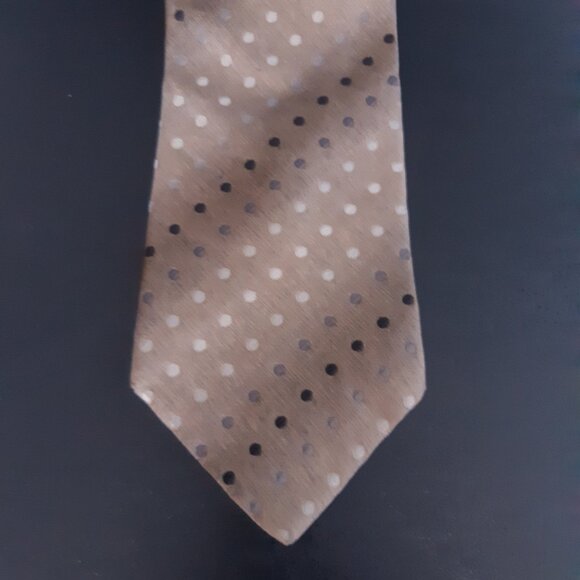 Y2K Vintage Massimo Silk Tie Taupe with Grey & White Diagonal Polka Dots - Picture 2 of 8